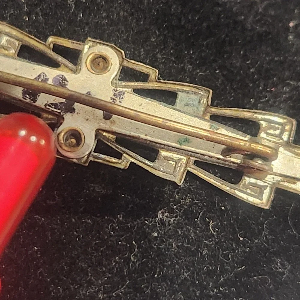 Art Deco Bar Brooch Mother‎ of Pearl Rhinestone Gold Bronze Tone Geometric VTG